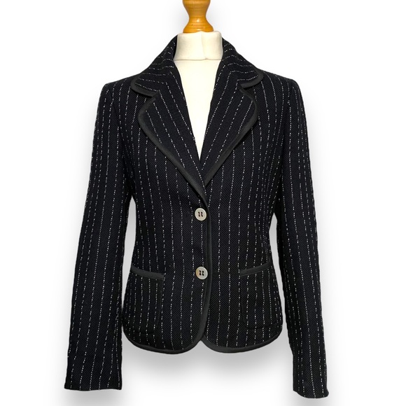 Max Mara Blazer Black Size 12 Jacket Pinstripe Textured Cotton Smart Tailored - Picture 8 of 14